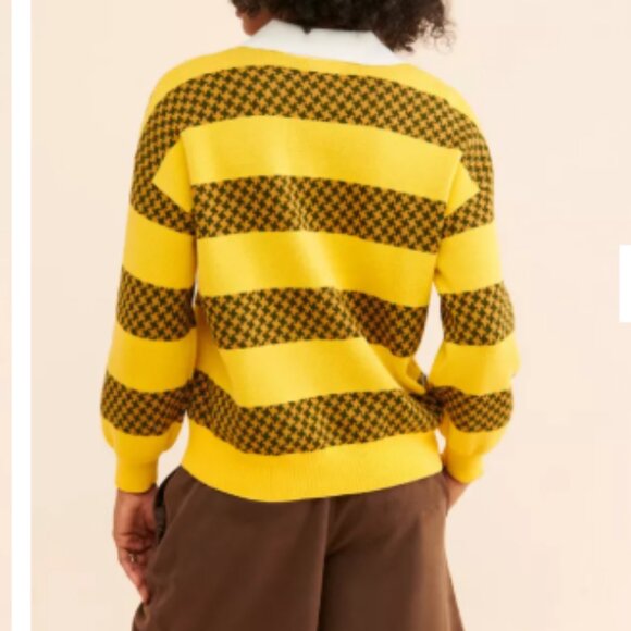 Obey Charlie  Women's Yellow Striped Raglan Sweater Houndstooth Cotton Iconic - Picture 3 of 10